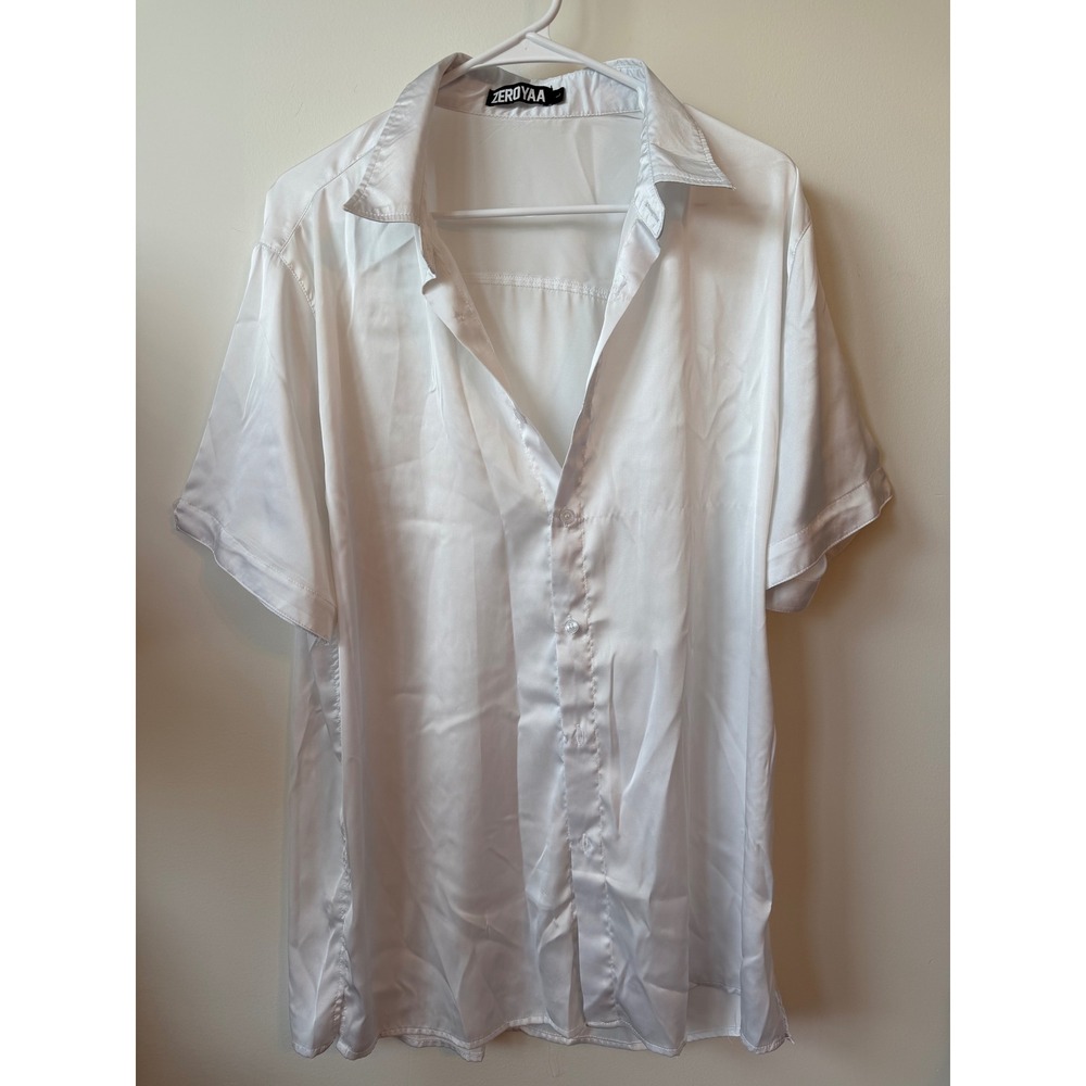 ZEROYAA Mens White Satin Button Down Shirt Short Sleeve Silky Dress Shirt L